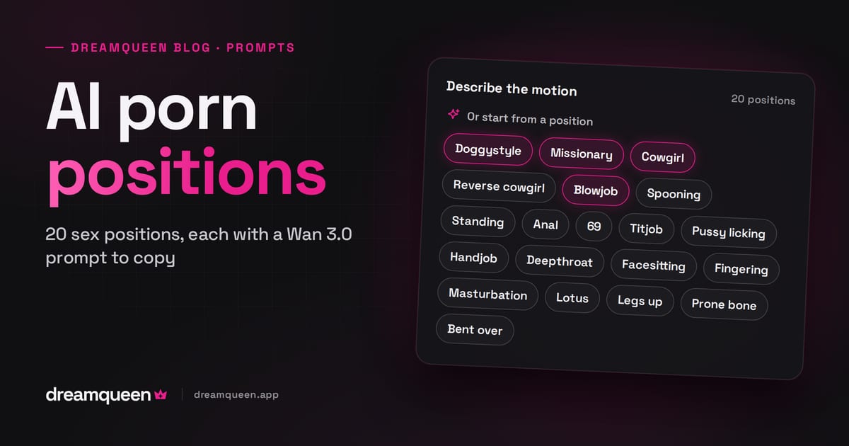 AI porn positions: the Dreamqueen guide to twenty sex positions, each with a Wan 3.0 prompt, shown as the studio's position buttons