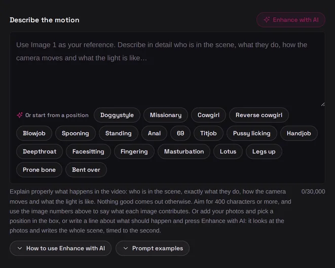 The empty description box in Dreamqueen's Wan 3.0 studio, offering porn positions to start from: Doggystyle, Missionary, Cowgirl, Reverse cowgirl, Blowjob and more