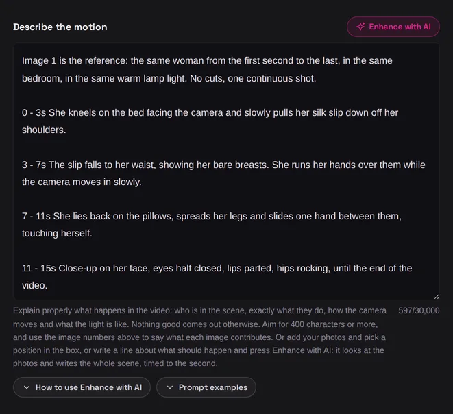 The Wan 3.0 studio on Dreamqueen with a timed NSFW prompt in the description box: a reference line, then four beats at 0-3s, 3-7s, 7-11s and 11-15s